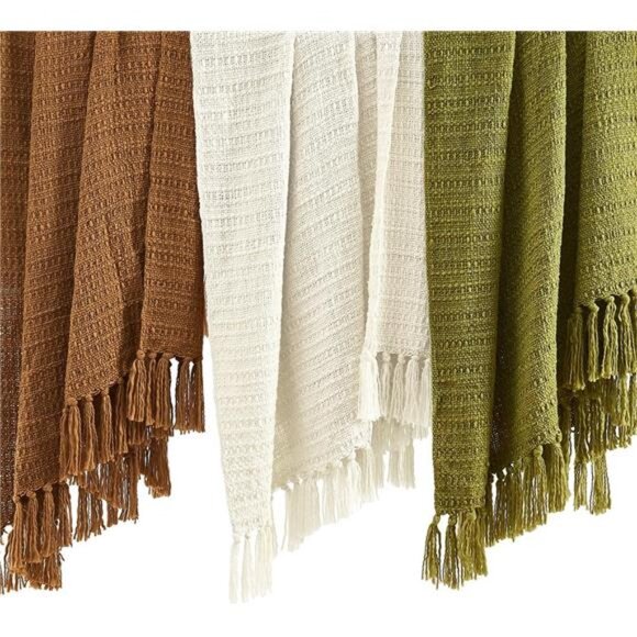 Chunky Cream Knit Throw Blanket with Textured Basket Weave Pattern and Fringe - Picture 6 of 8